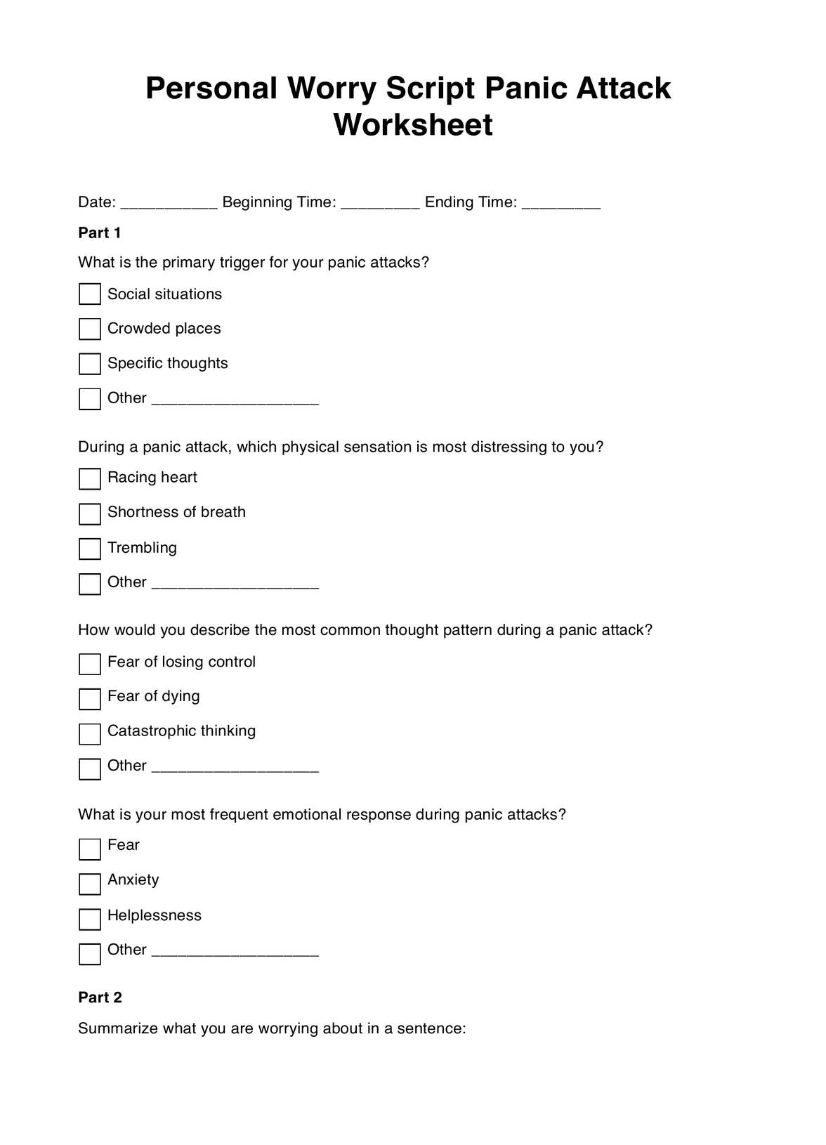 Personal Worry Script Panic Attack Worksheet PDF Example