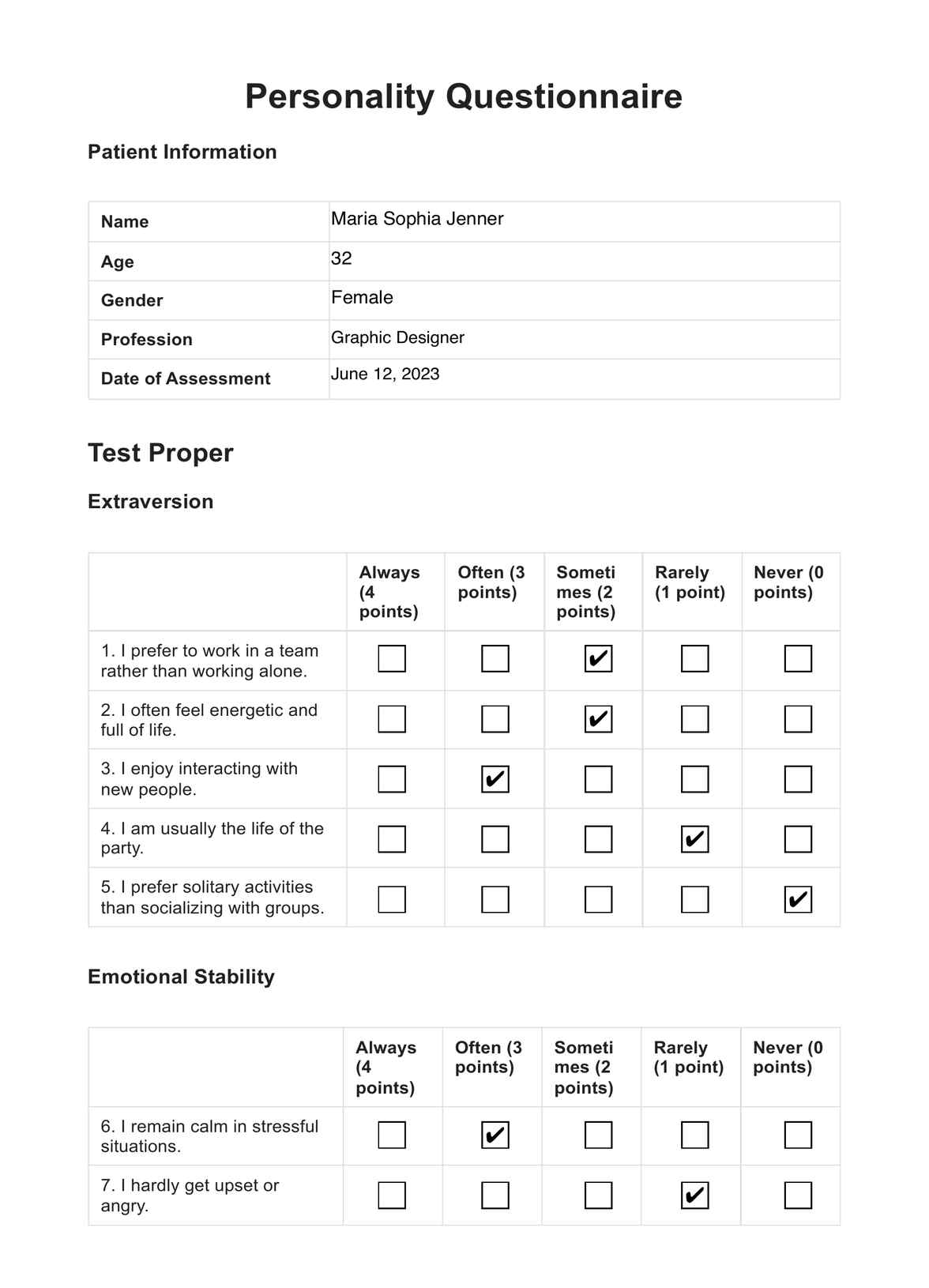 Personality Questionnaire PDF Example