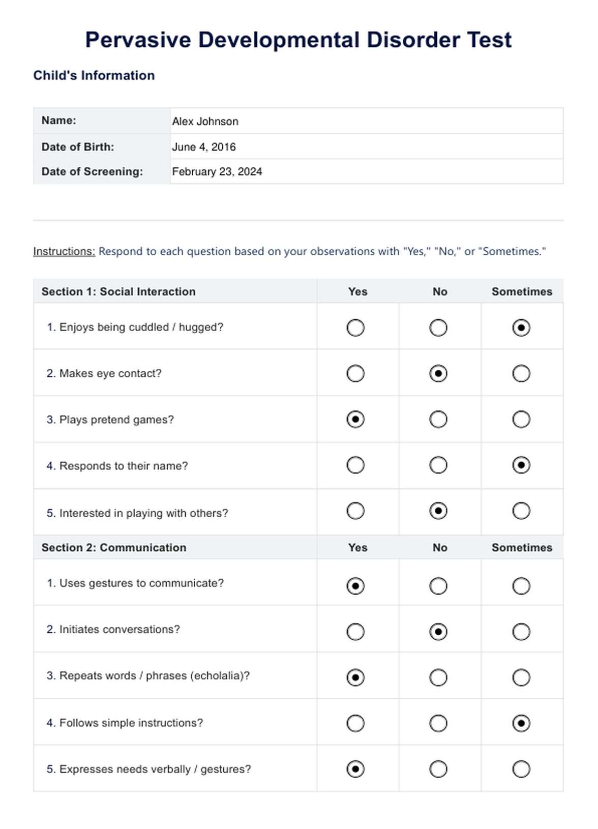 Pervasive Developmental Disorder Test PDF Example