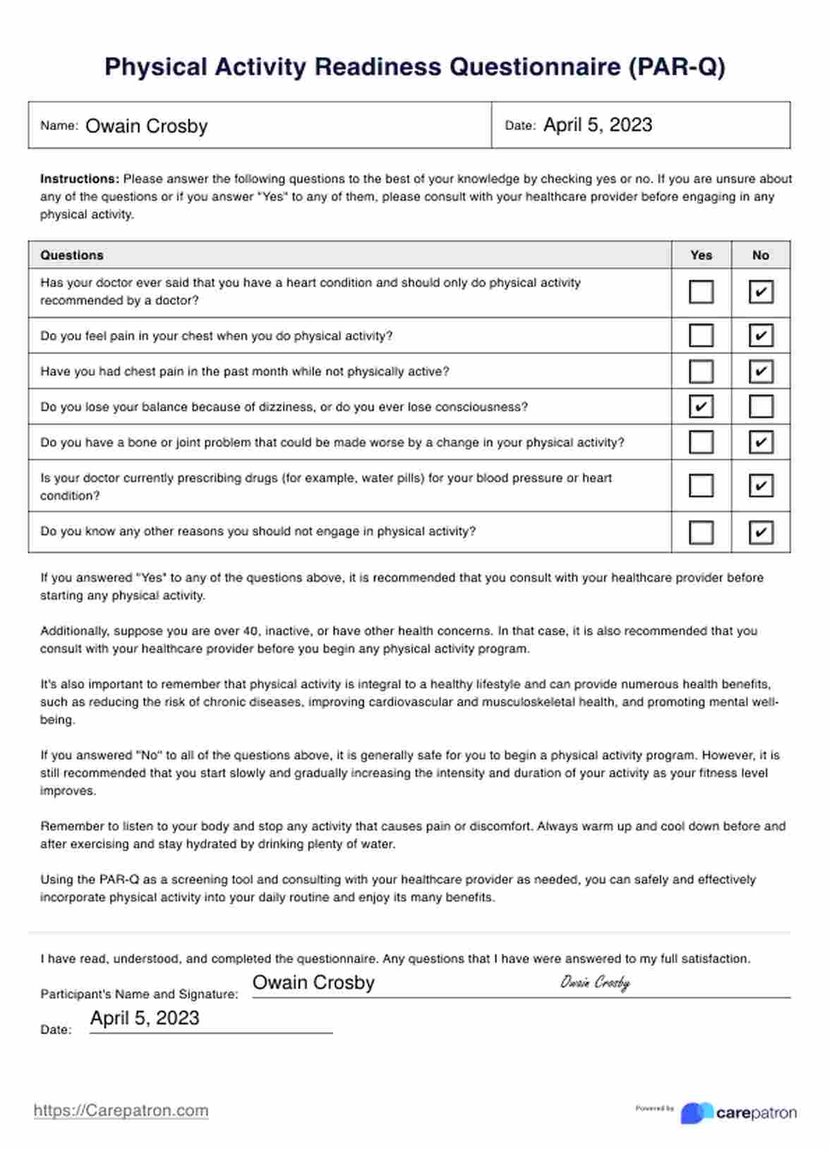 Physical Activity Readiness Questionnaire (PAR-Q) PDF Example