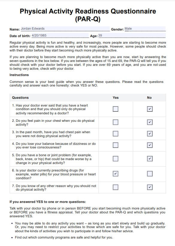 Fyysisen aktiivisuuden valmiuskysely (PAR-Q) PDF Example