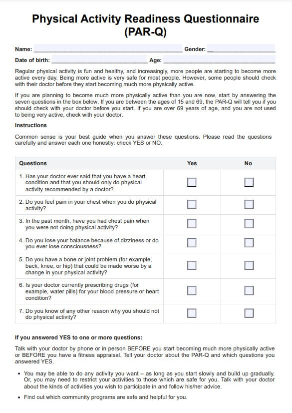 Frågeformulär för fysisk aktivitetsberedskap (PAR-Q) PDF Example