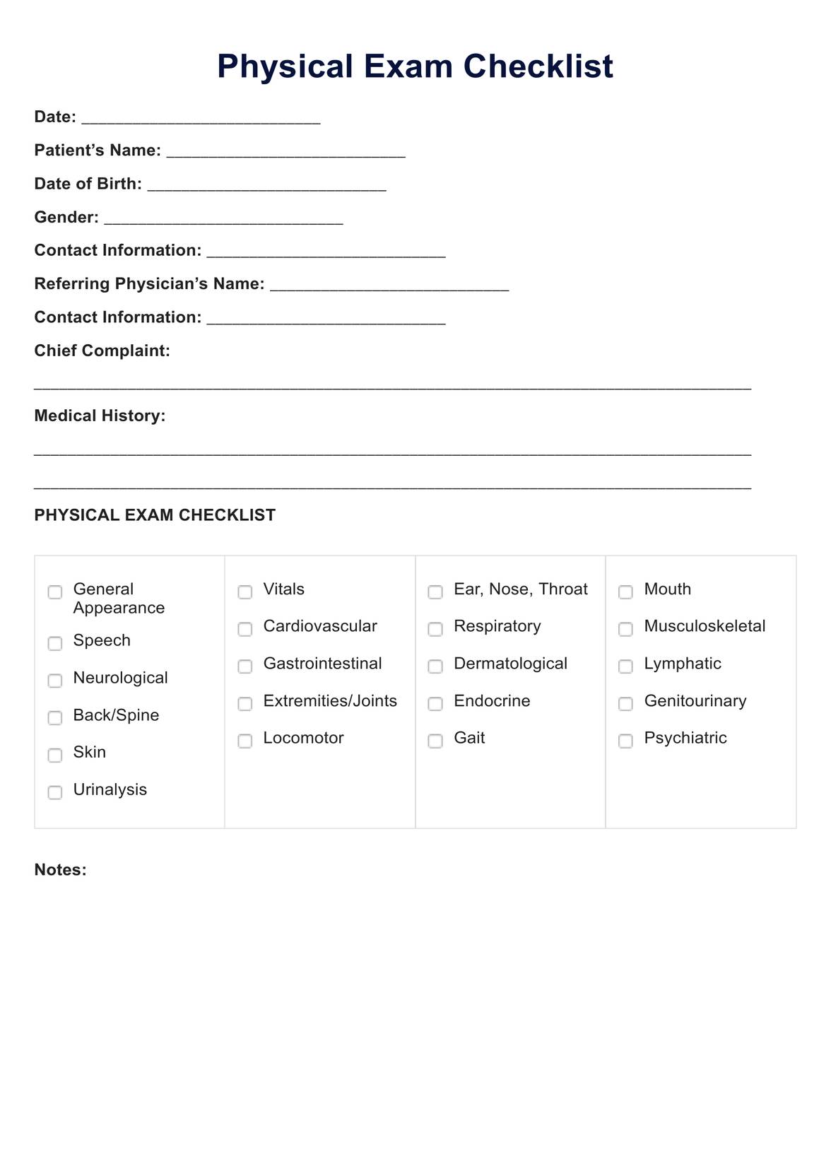 Physical Exam Checklist PDF Example