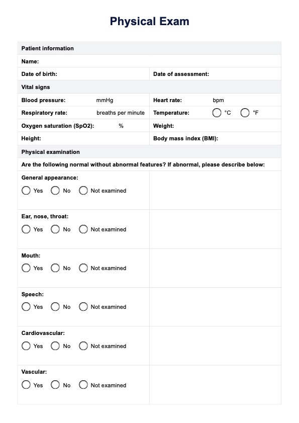 Sjabloon voor lichamelijk onderzoek PDF Example