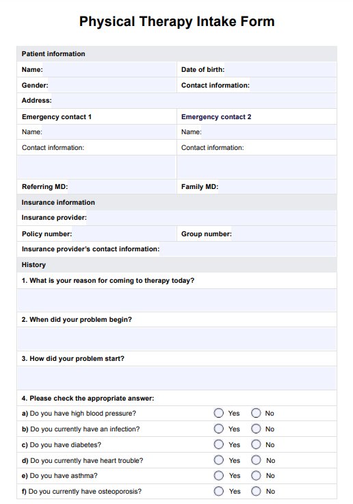 Physical Therapy Intake Form PDF Example