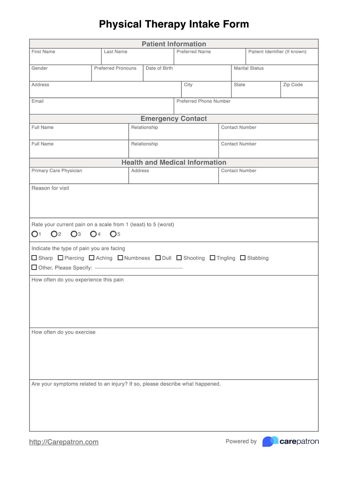Physical Therapy Intake Form PDF Example