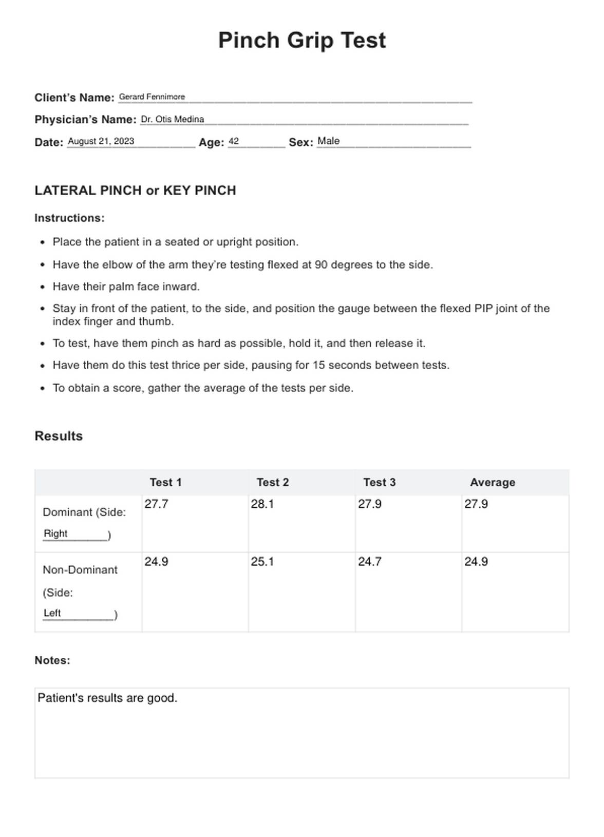 Pinch Grip Test PDF Example