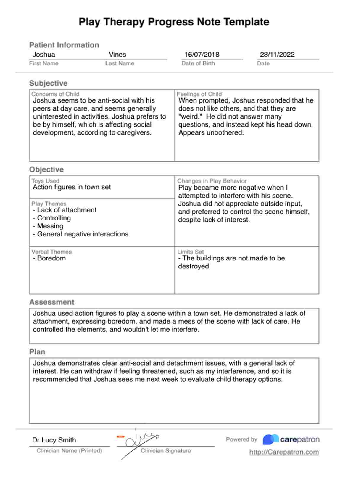 Nota de Evolución de Terapia de Juego PDF Example