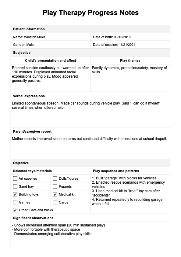 Play Therapy Progress Notes Template PDF Example