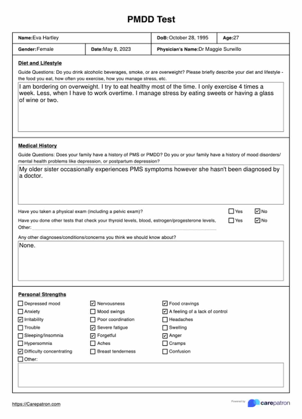 Test de TDPM (trastorno disfórico premenstrual) PDF Example