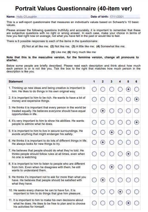 Portrait Values Questionnaire PDF Example