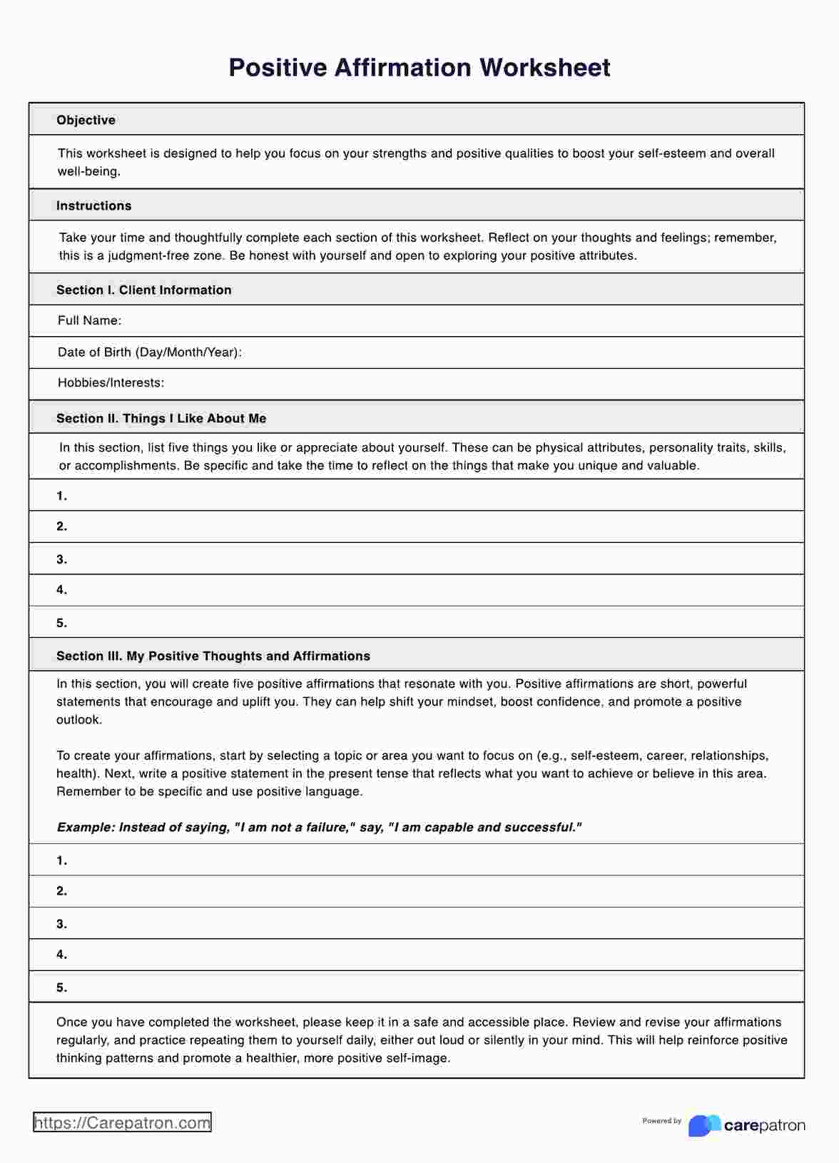 Positive Affirmations Worksheet PDF Example