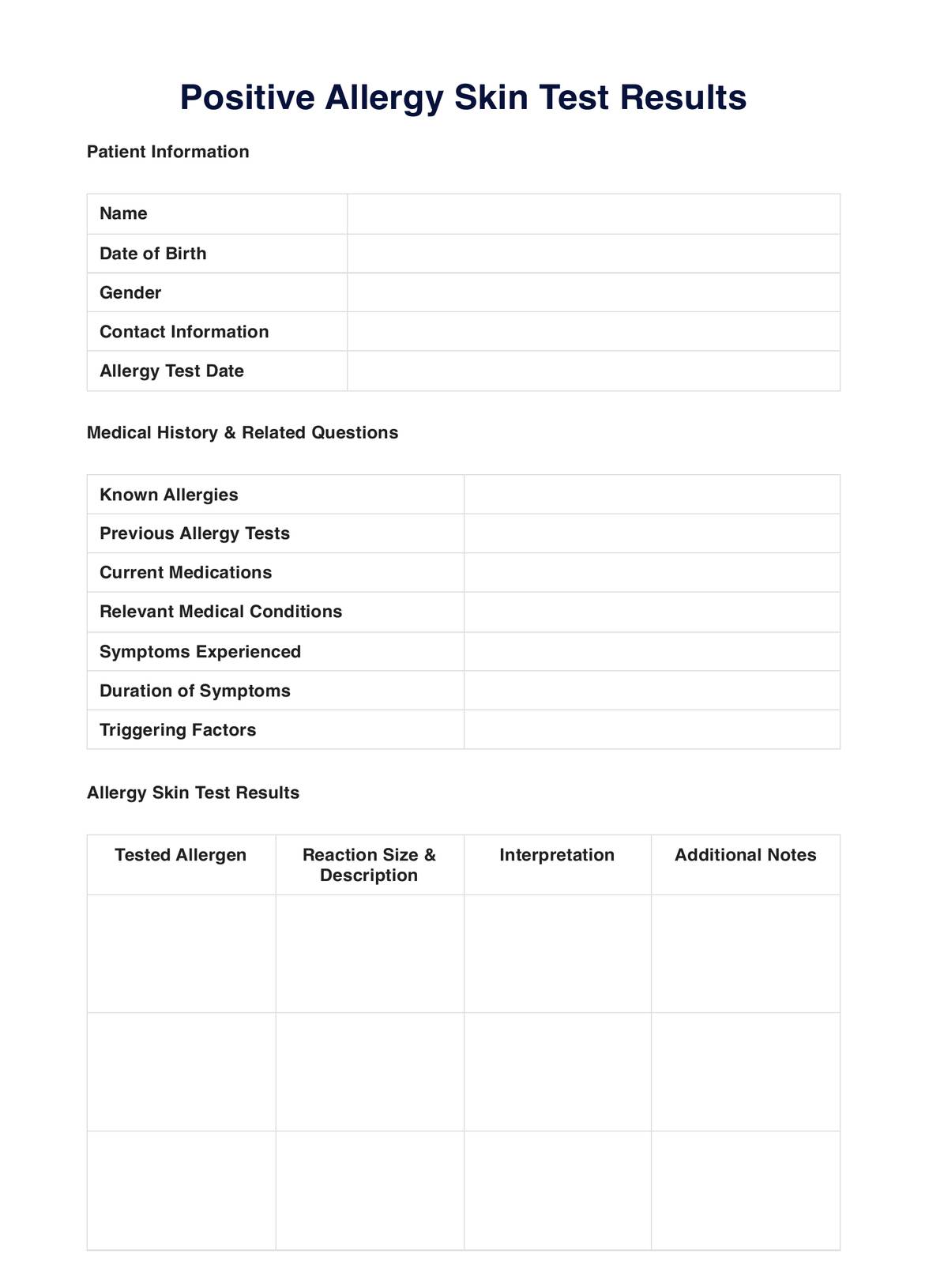 Positive Allergy Skin Test Results Chart PDF Example