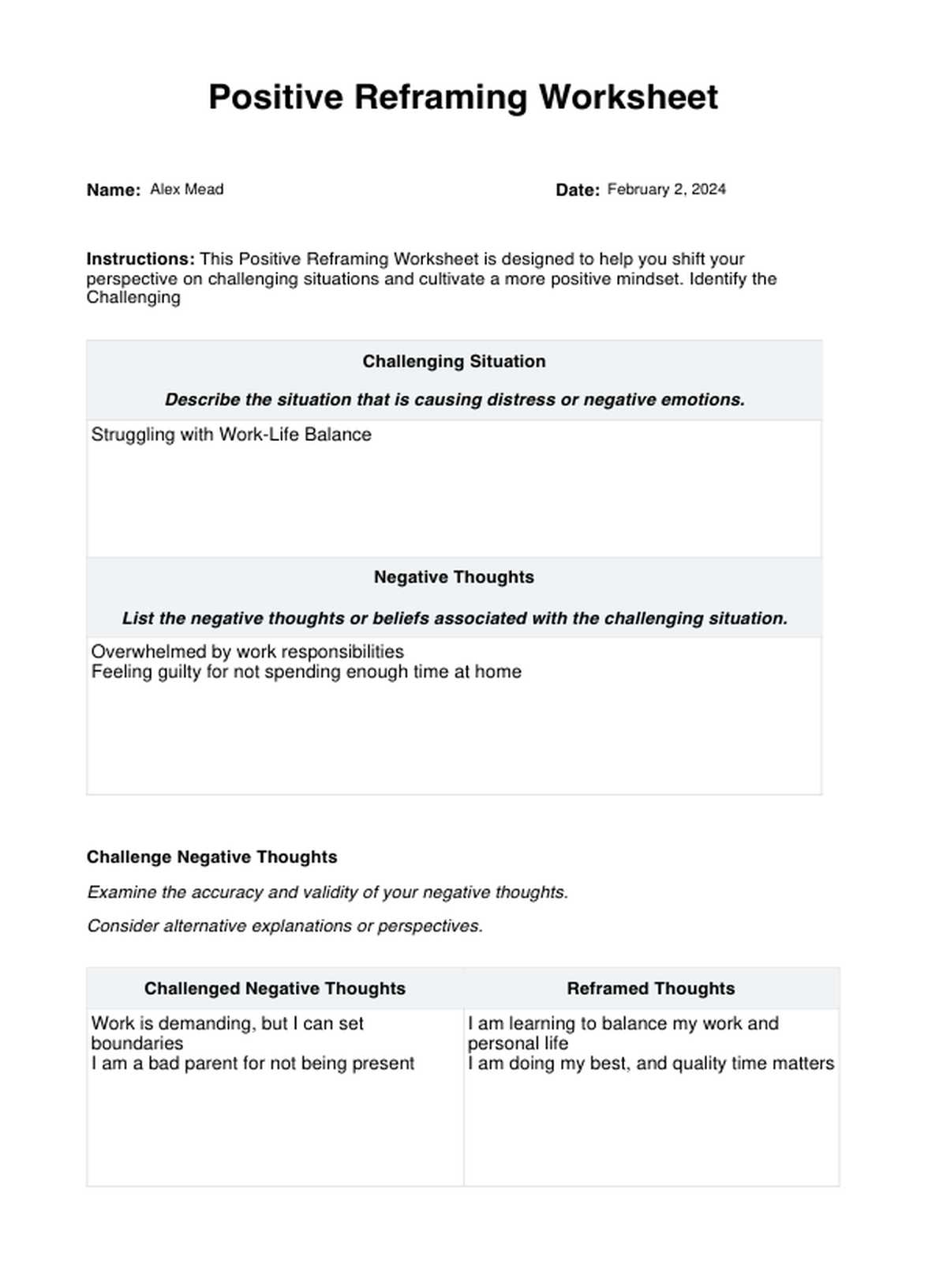 Positive Reframing Worksheet PDF Example