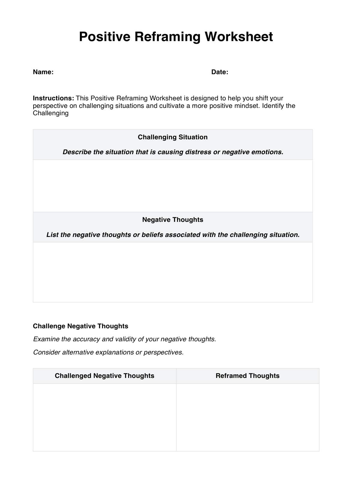 Positive Reframing Worksheet PDF Example