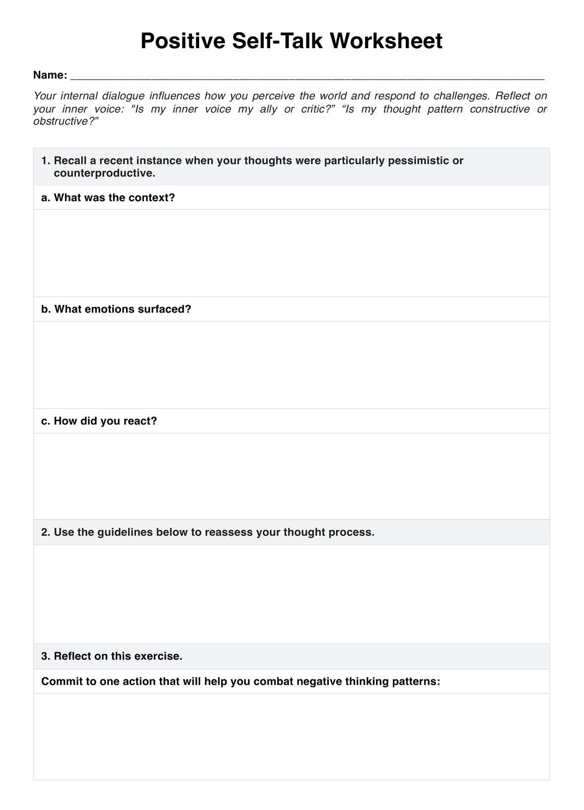 Positive Self-Talk Worksheet PDF Example