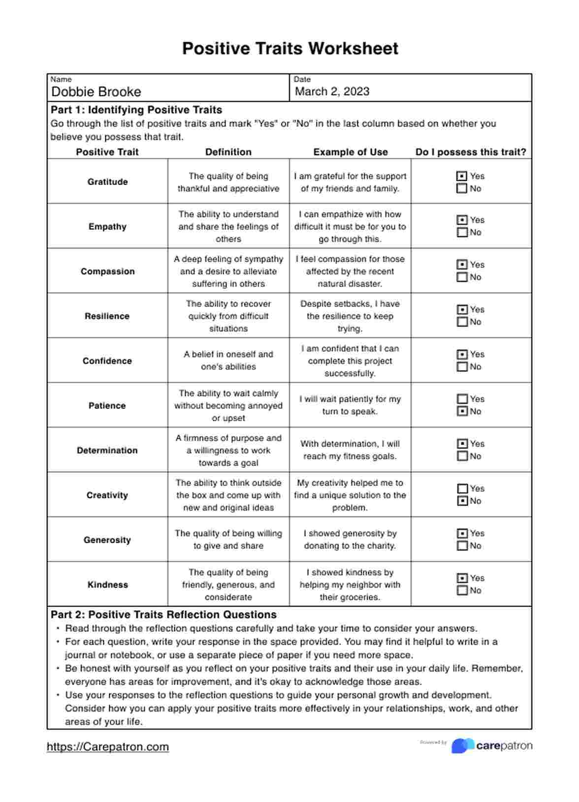 Positive Traits Worksheets PDF Example