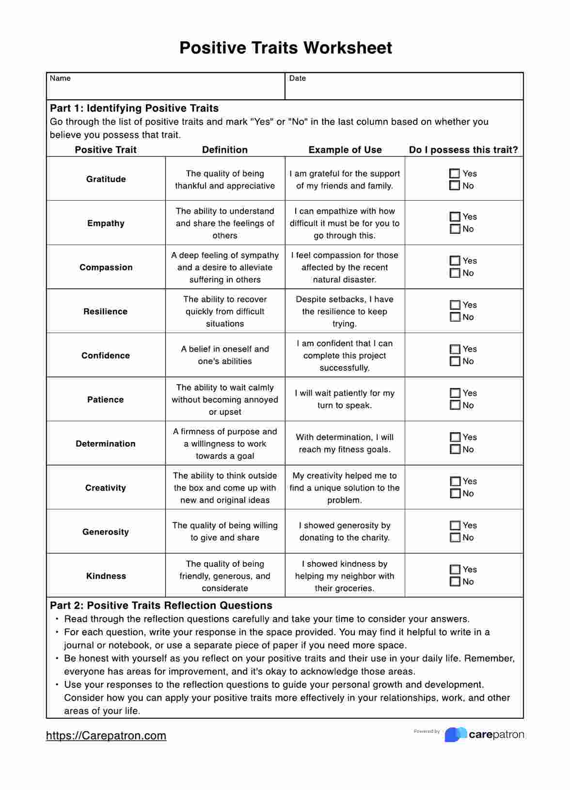 Positive Traits Worksheets PDF Example