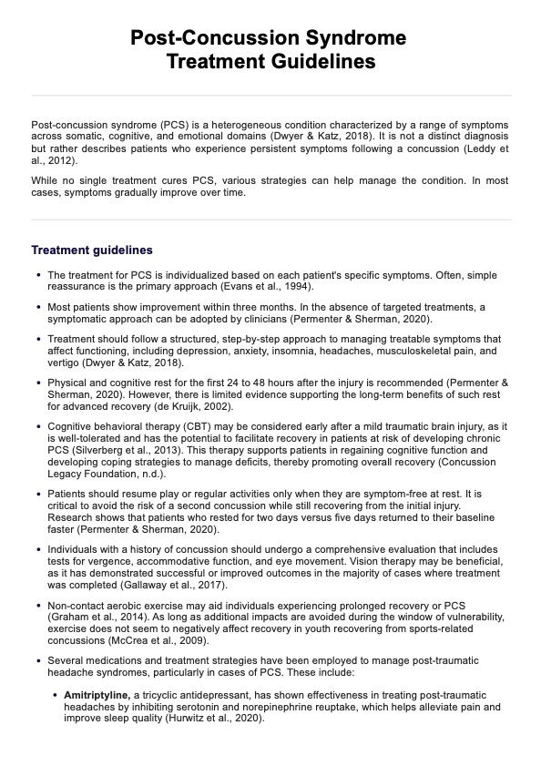 Post-Concussion Syndrome Treatment Guidelines  PDF Example