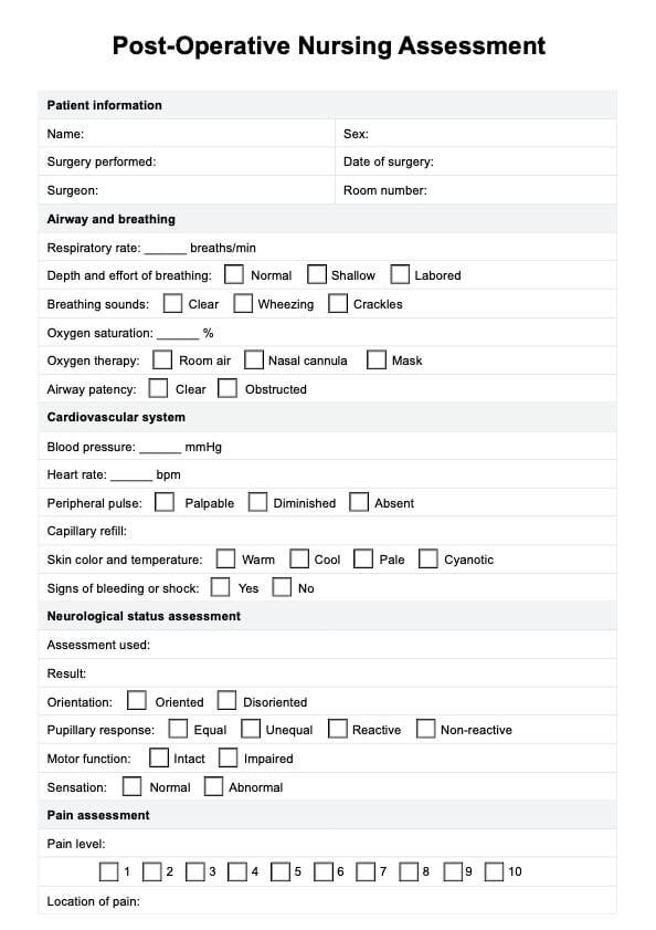 Post-Op Nursing Assessment PDF Example