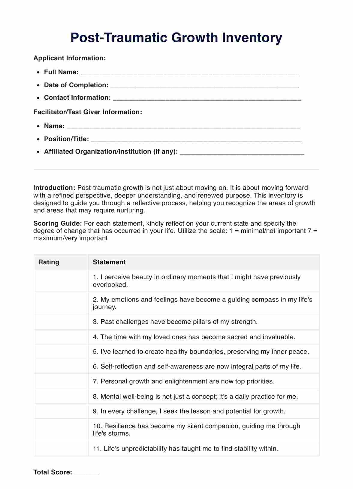 Post-Traumatic Growth Inventory and Worksheet PDF Example