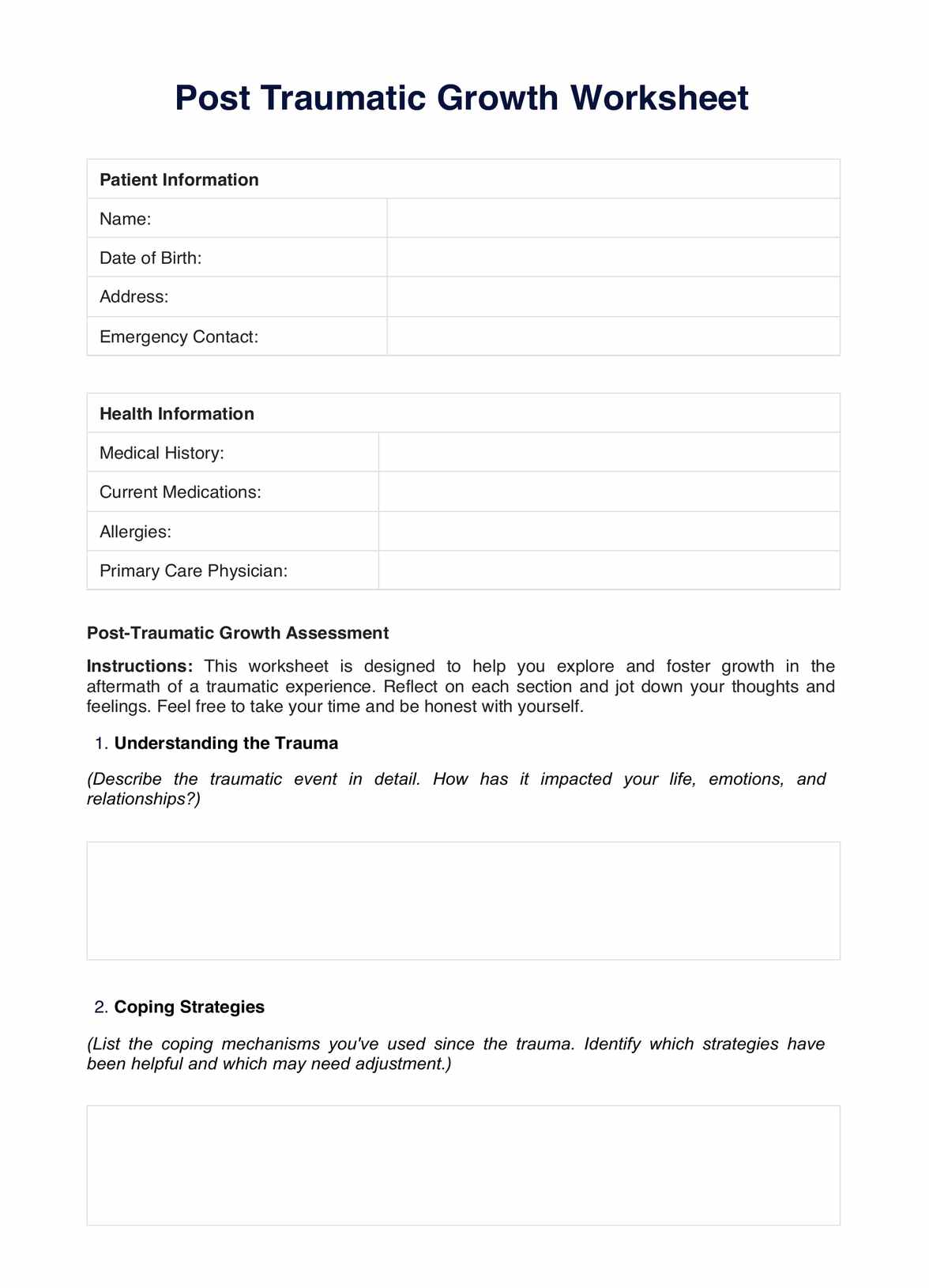 Post Traumatic Growth Worksheet PDF Example
