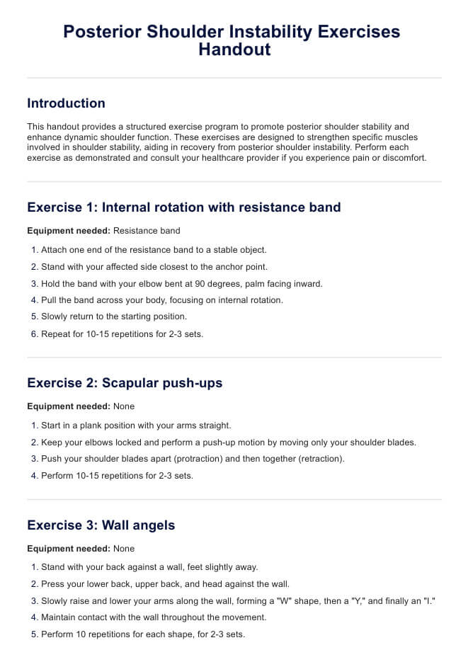 Posterior Shoulder Instability Exercises Handout PDF Example