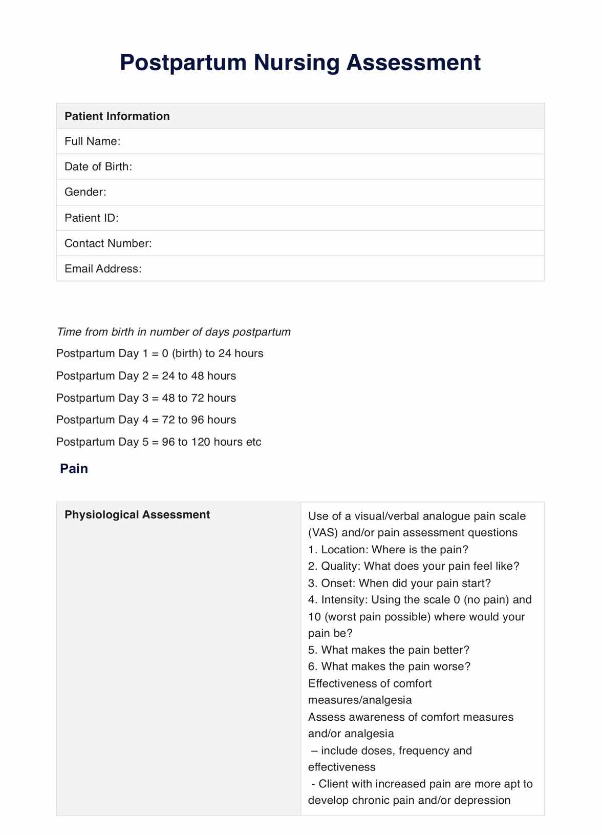 Nursing Postpartum Assessment PDF Example
