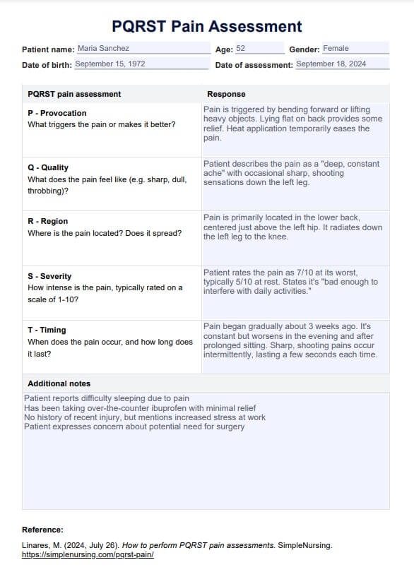 PQRST 疼痛評估和示例 | 免費 PDF 下載