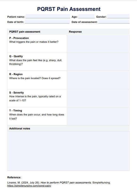 Formulario de PQRST evaluación del dolor PDF Example