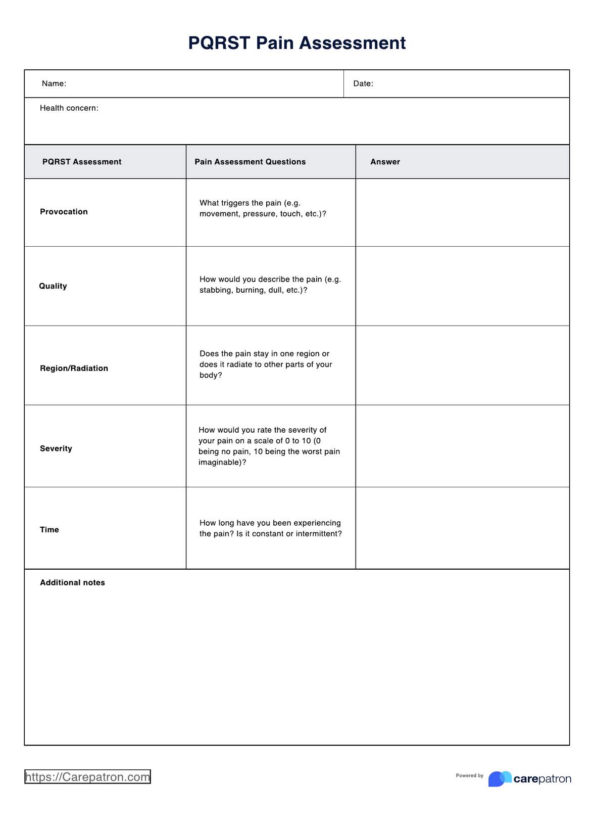 PQRST Pain Assessment PDF Example