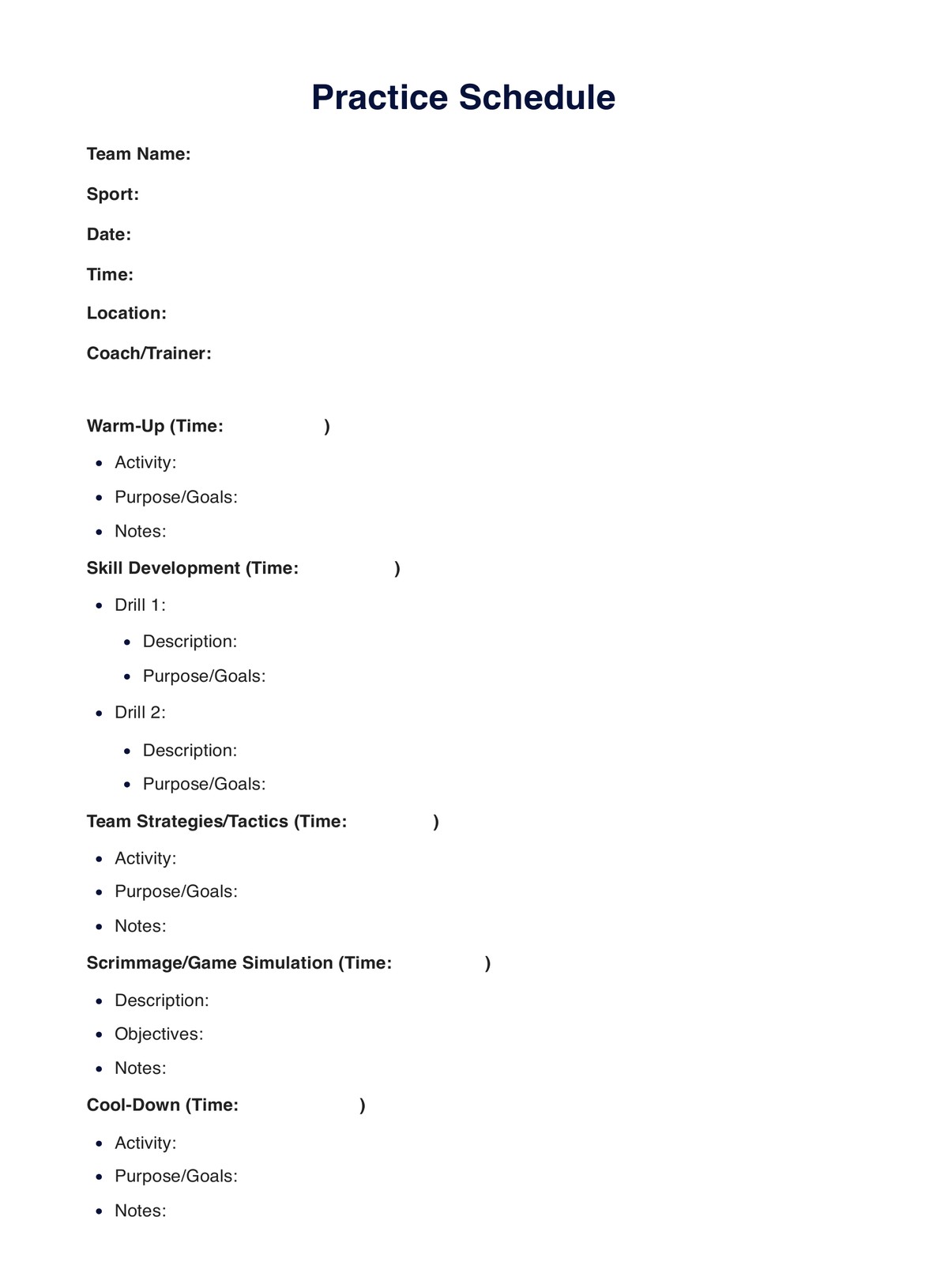 Practice Schedule Template PDF Example