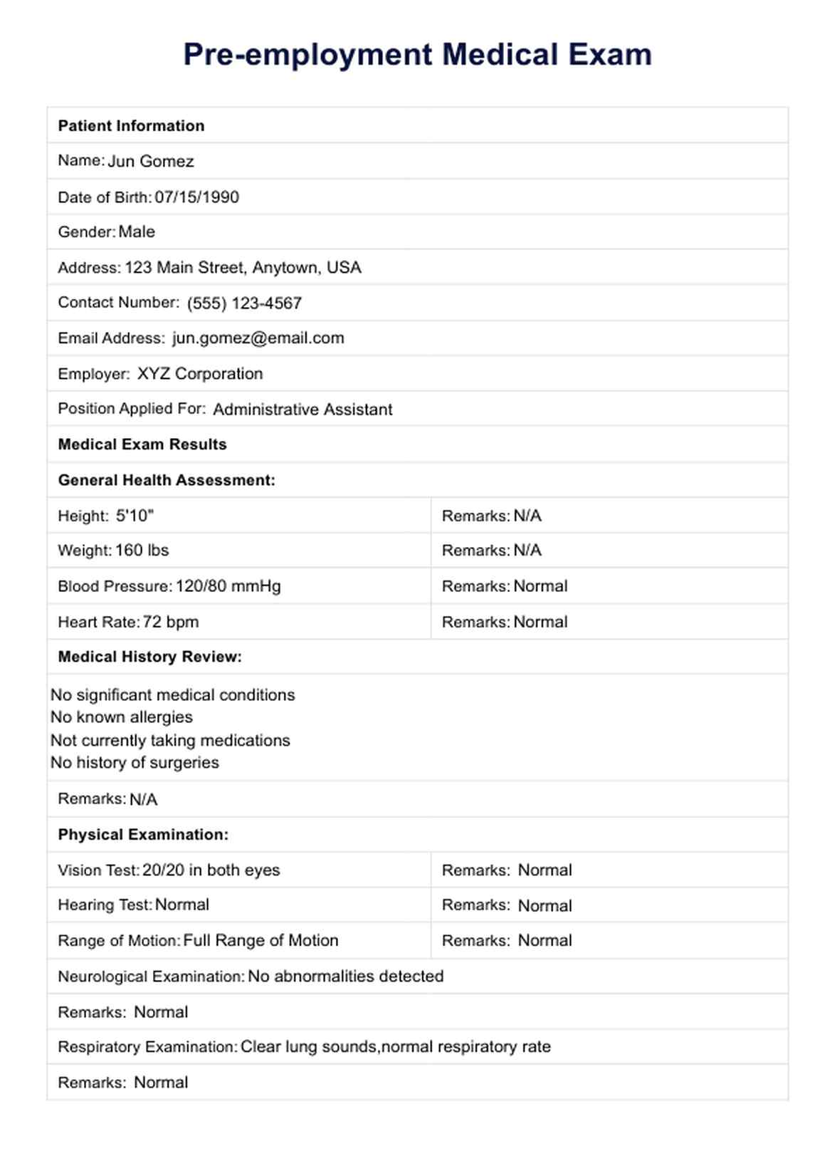 Pre-employment Medical Exam PDF Example