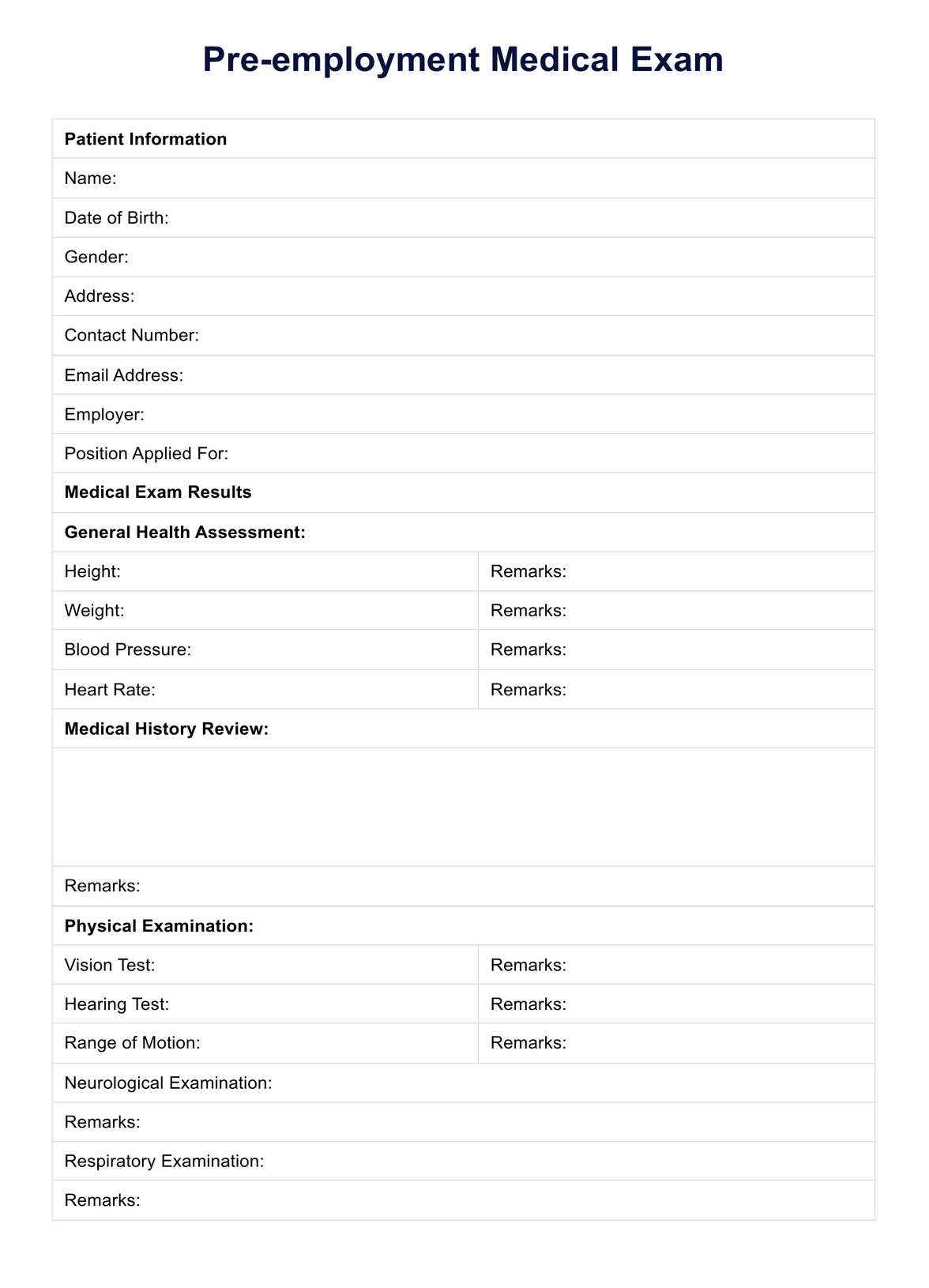 Pre-employment Medical Exam PDF Example