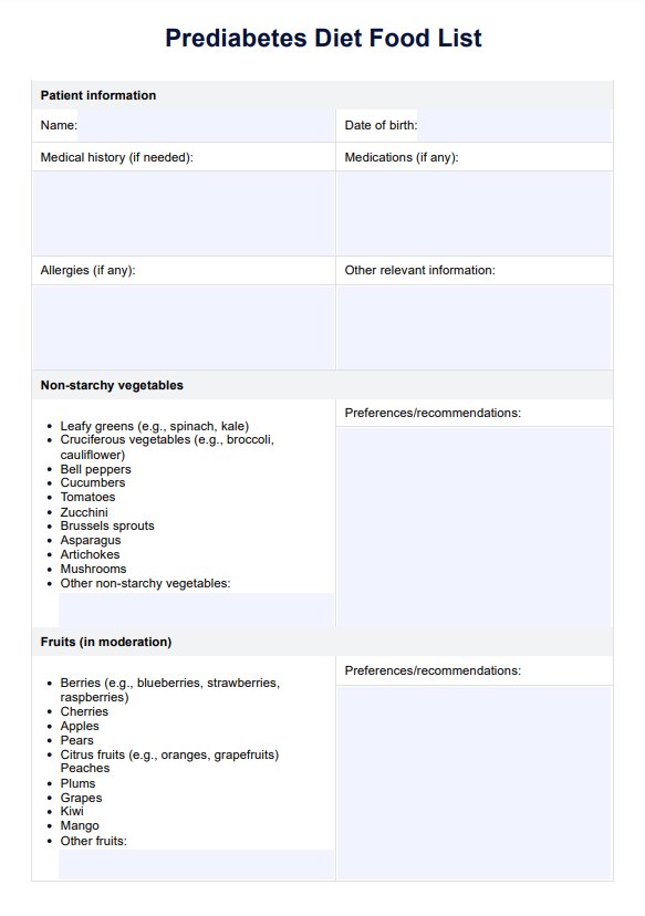 Prediabetes Diet Food List PDF Example