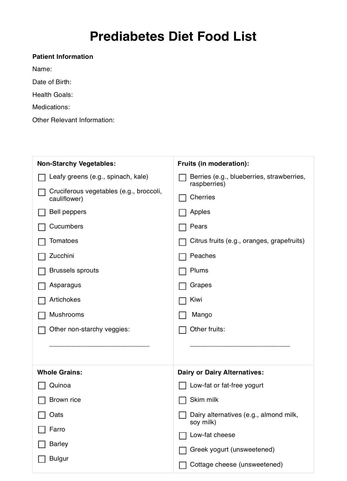 Prediabetes Diet Food List PDF Example