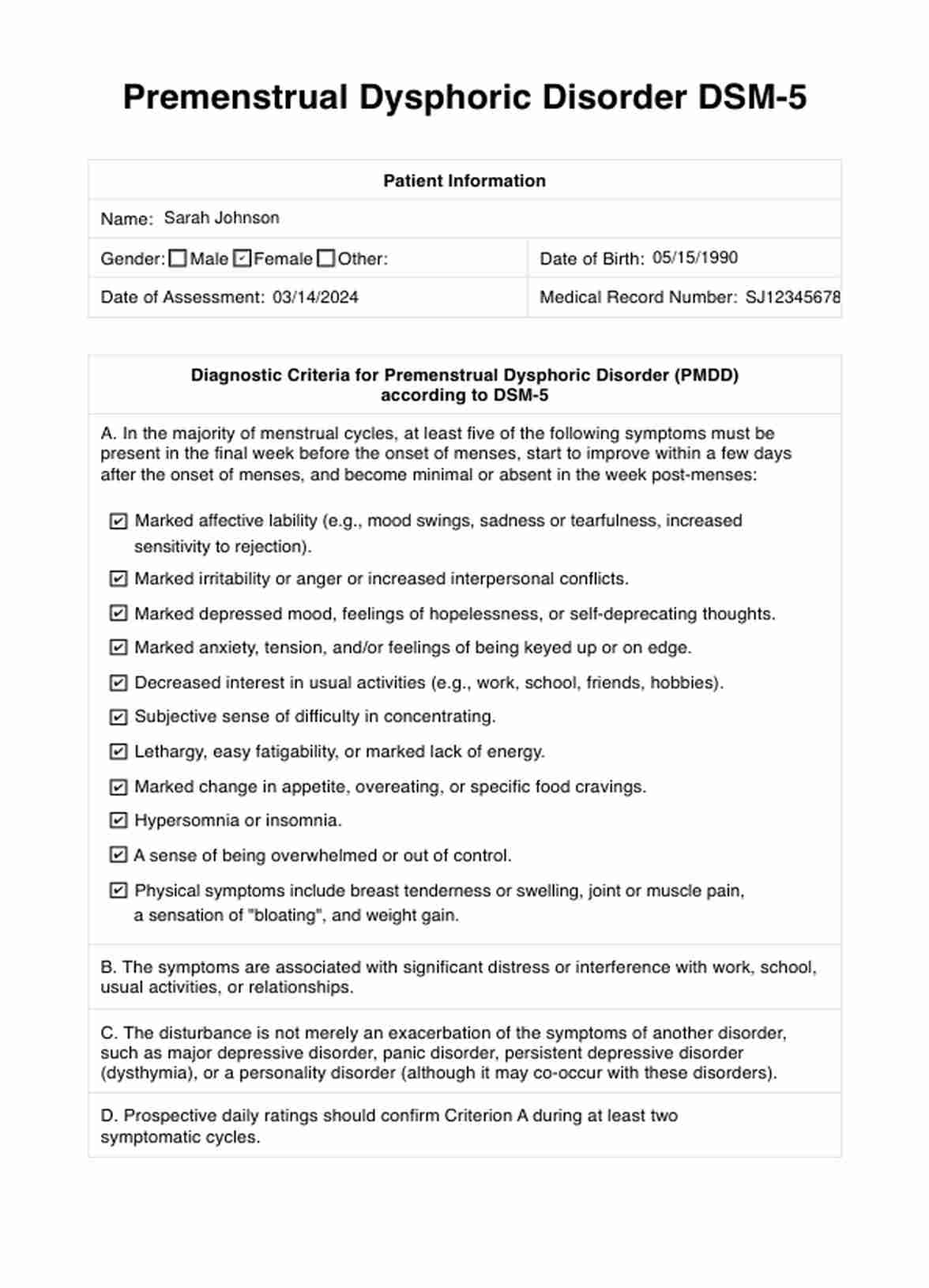 Premenstrual Dysphoric Disorder DSM-5 PDF Example