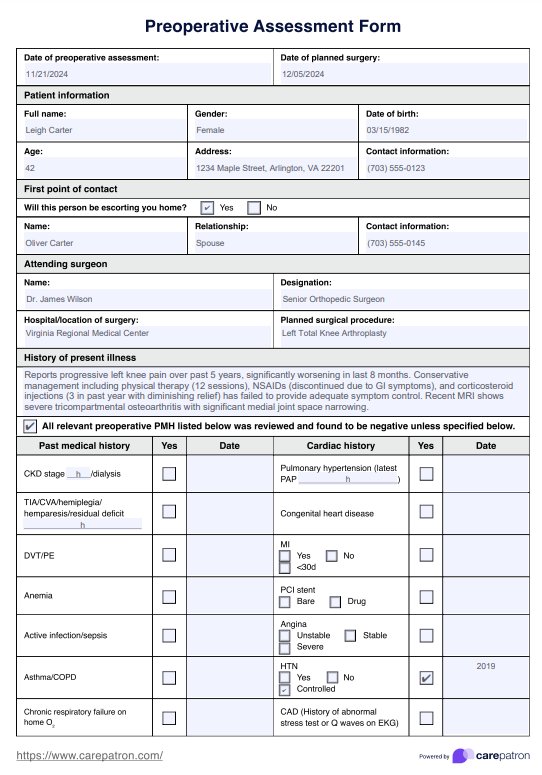 Preoperative Assessment Form PDF Example