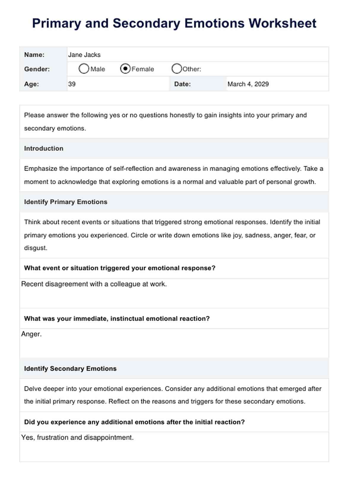 Primary and Secondary Emotions Worksheet PDF Example