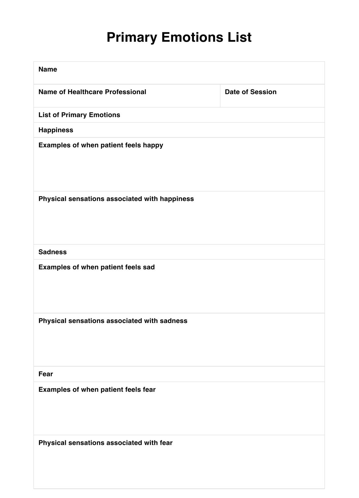 Primary Emotions list PDF Example