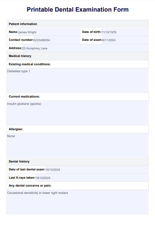 Printable Dental Examination Form PDF Example