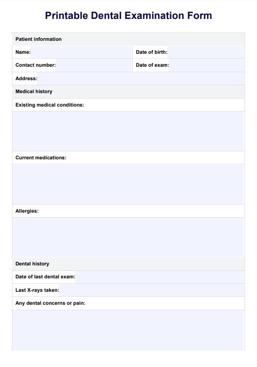 Printable Dental Examination Form PDF Example