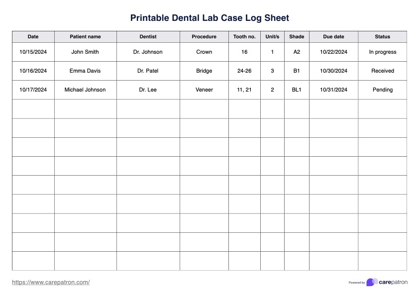 Printable Dental Lab Case Log Sheet PDF Example