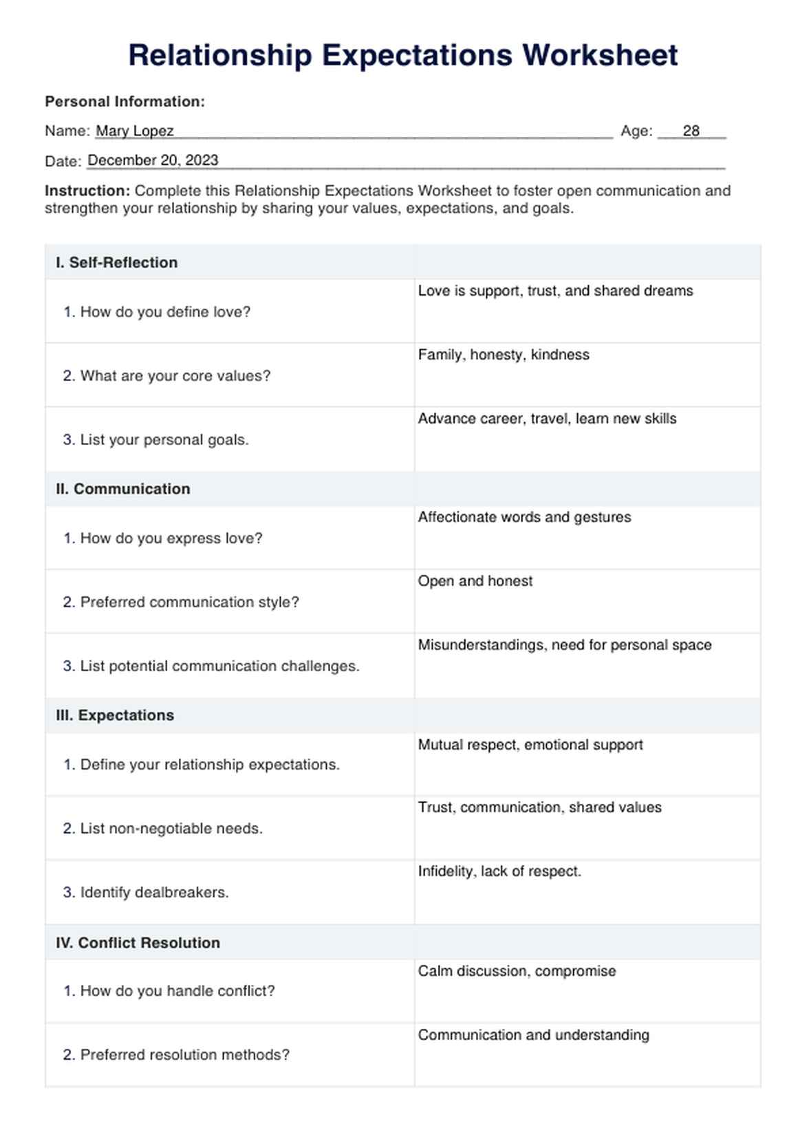 Printable Relationship Expectations Worksheet PDF Example