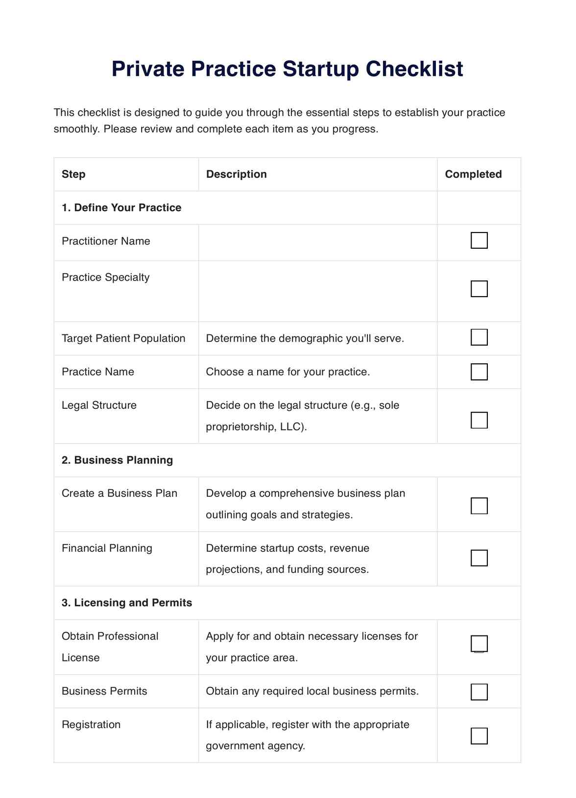 Private Practice Startup Checklist PDF Example