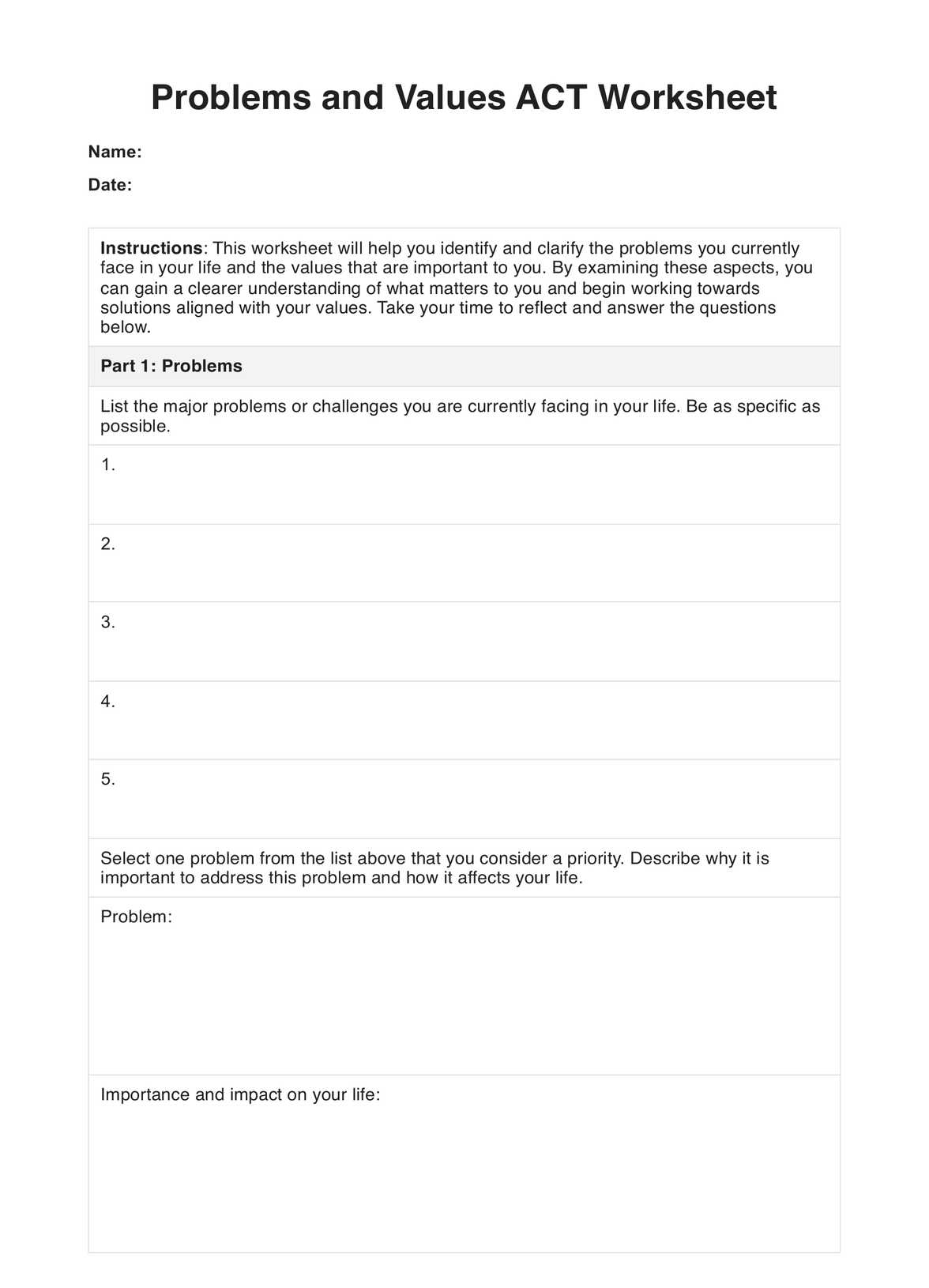 Problems and Values ACT Worksheet PDF Example