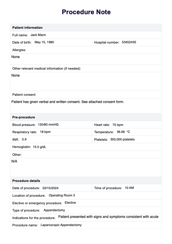 Procedure Note Template PDF Example