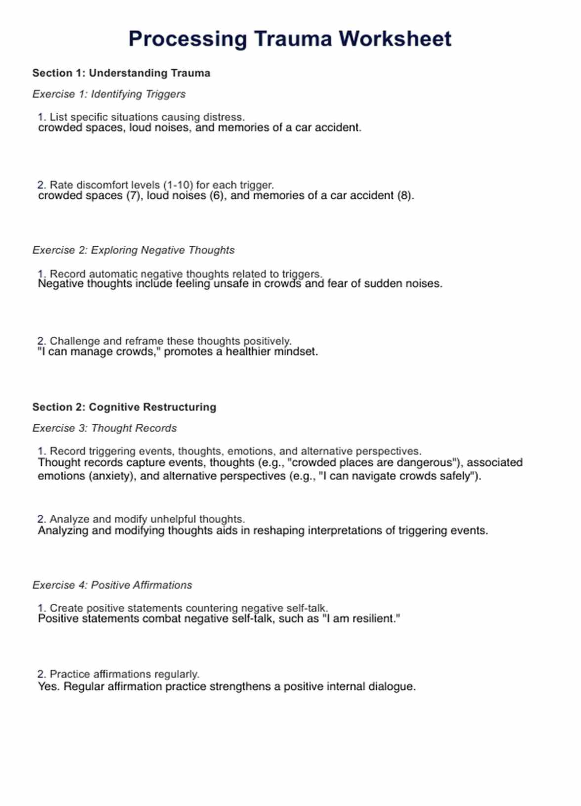 Processing Trauma Worksheet PDF Example