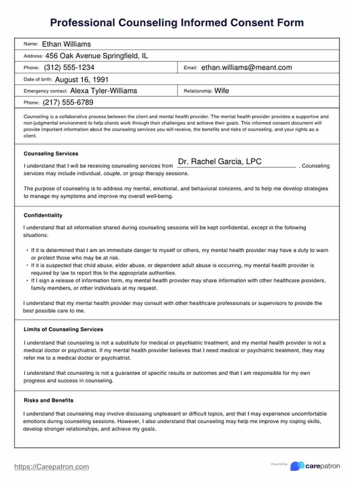 Professional Counseling Informed Consent Form PDF Example