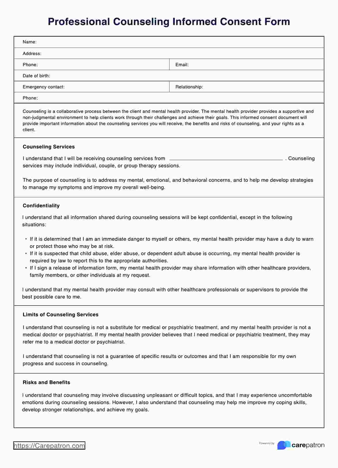 Professional Counseling Informed Consent Form PDF Example
